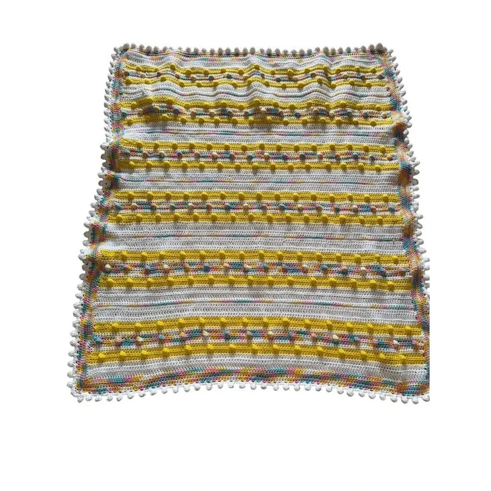 Little Duck Crochet Baby Blanket Pastel Stripe Bobble Pom‎ Pom Edge 36x36
